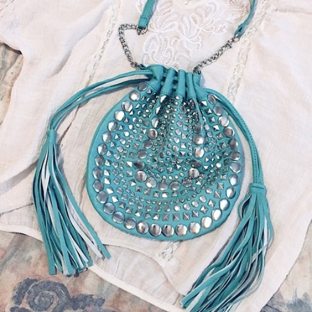 🦋Turquoise & Silver Stud Drawstring Crossbody Bag